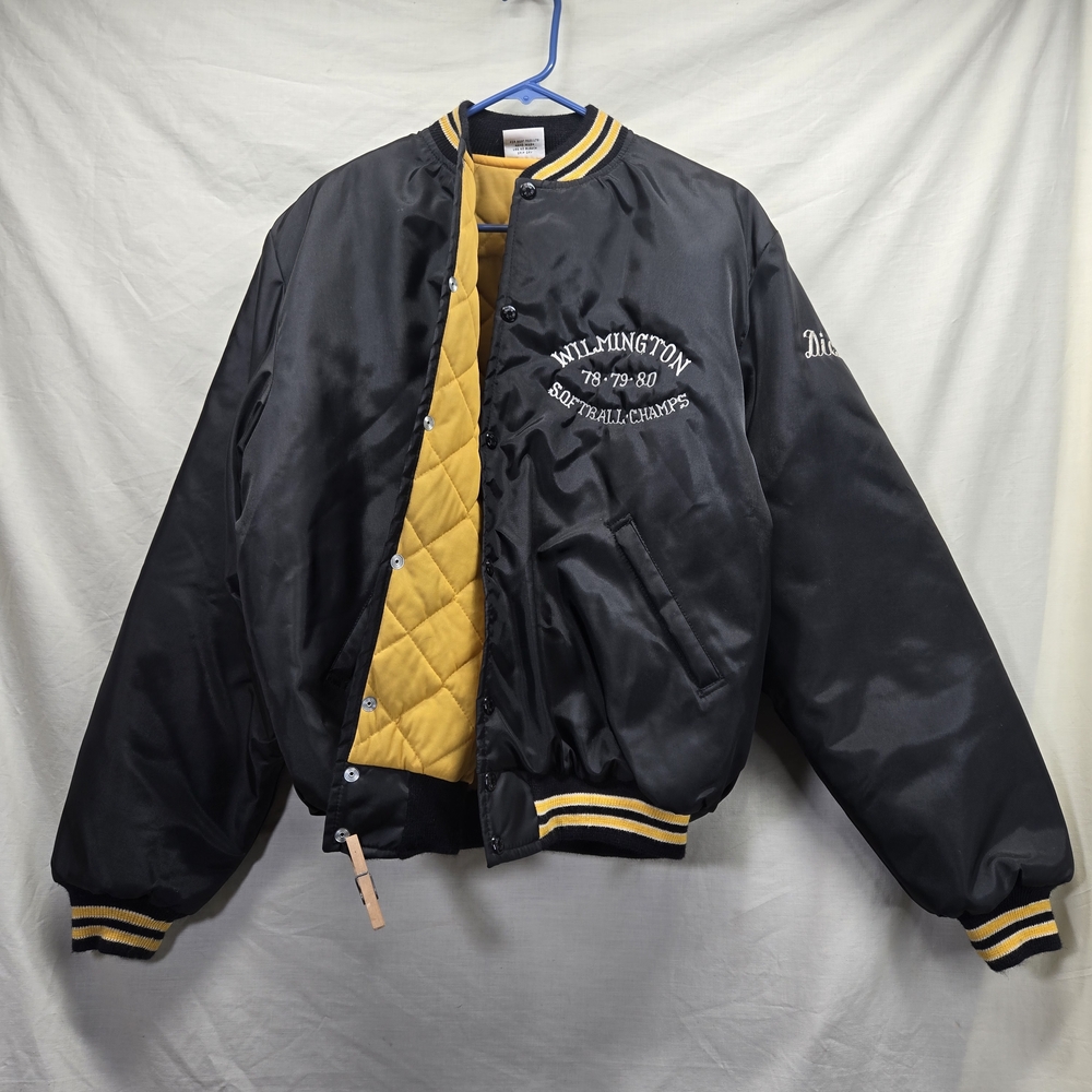 Birdie Black & Yellow Satin Quilted-Lined Bomber Jacket Mens Large 70's